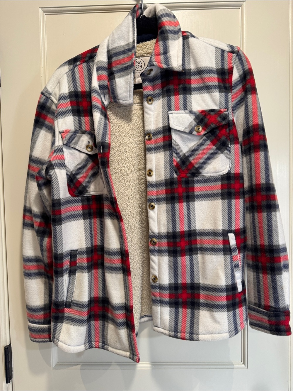 Sage Plaid Sherpa Lined plush shirt jacket White Red XS